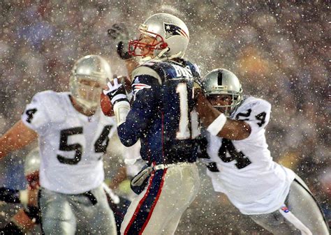 Tuck rule game - Citing the "Tuck Rule," the officials ruled the play an incomplete pass, allowing New England's drive to continue. Brady maneuvered the offense to Oakland's 28-yard line, where Adam Vinatieri drilled a 45-yard line drive in a snowstorm (arguably the best kick in Patriots history) with 32 seconds remaining to force overtime.